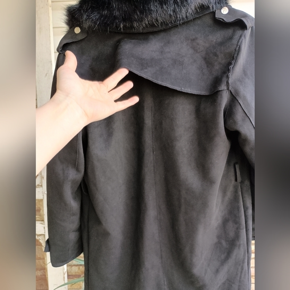 BELLIVERA Black Suede Like Trench Coat With Faux Fur Collar & Lining_Med - Picture 10 of 11